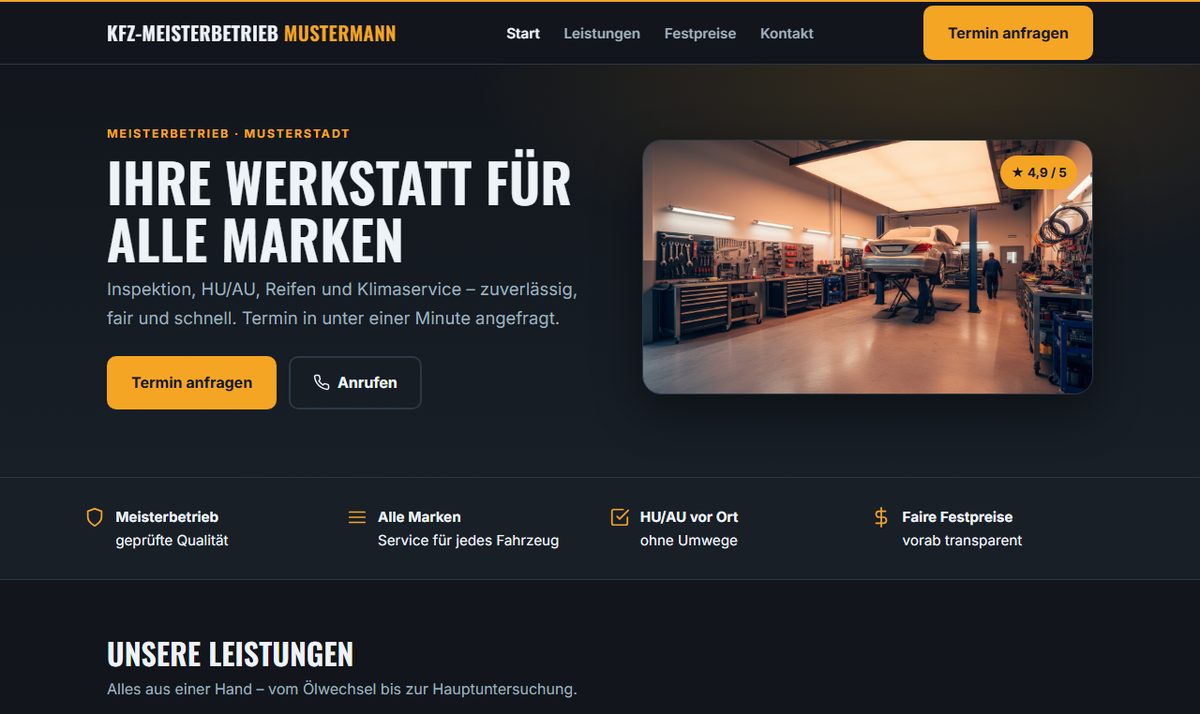Beispiel einer von Oak & Pixel gestalteten Website – Musterprojekt einer KFZ-Werkstatt